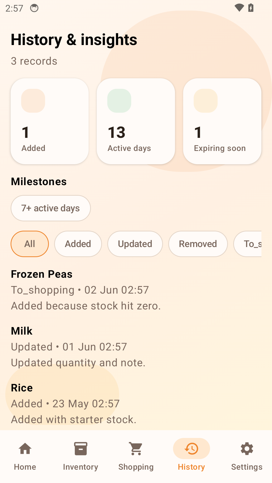 Pantry Inventory Manager history screen